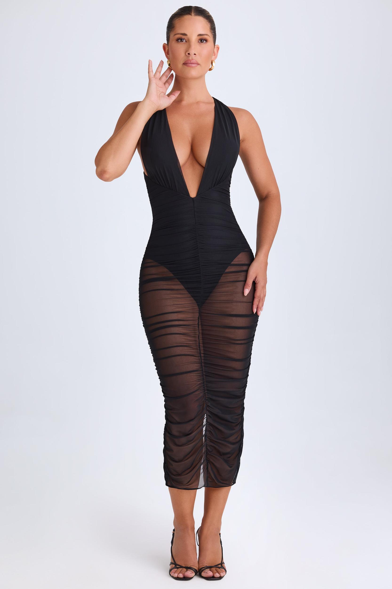 Ruched Plunge Midaxi Dress in Black Product Image