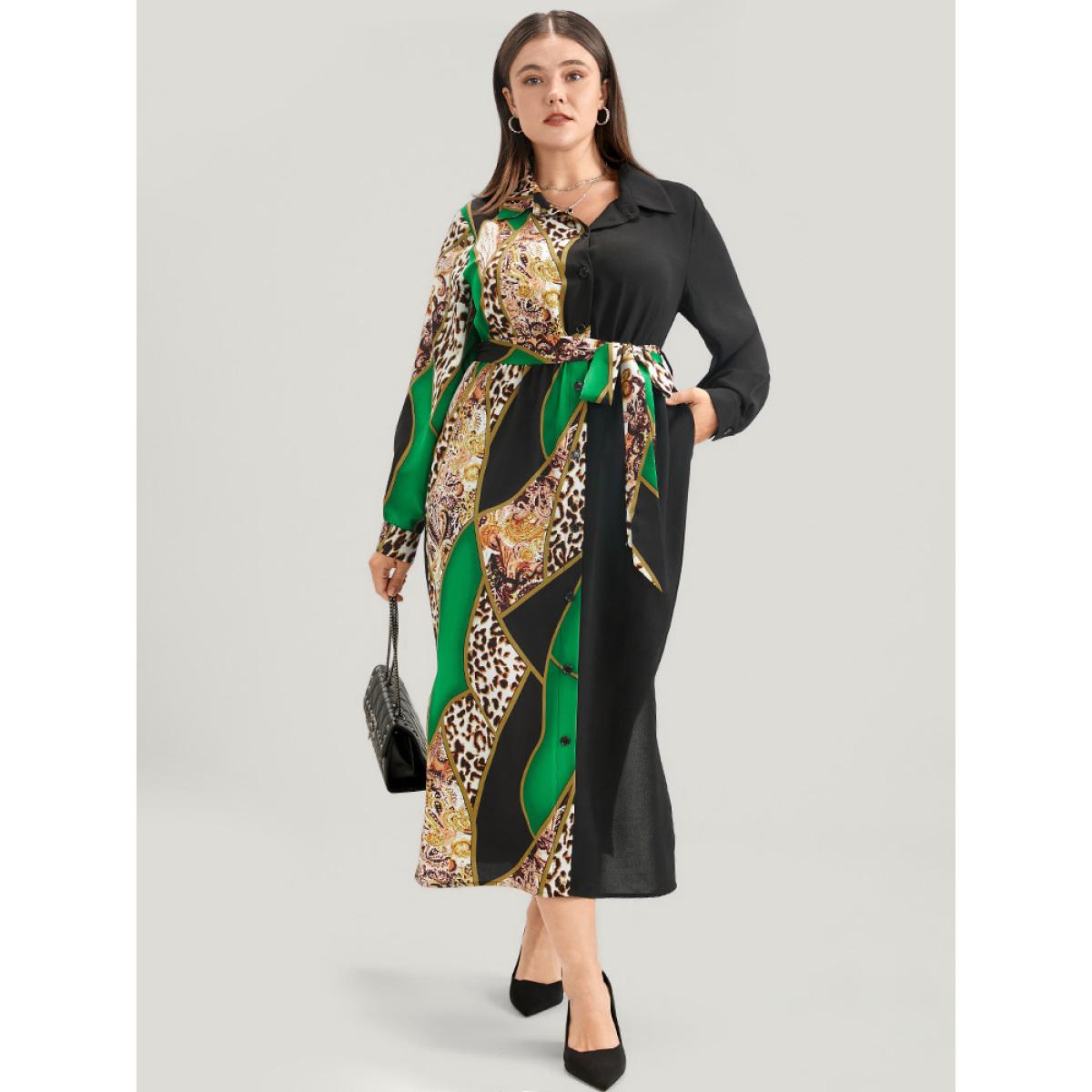Plus Size Chain Print Shirt Collar Pocket Split Belted Button Up Dress Green Women Office Printed Shirt collar Curvy Midi Dress BloomChic 22-24/3X Product Image