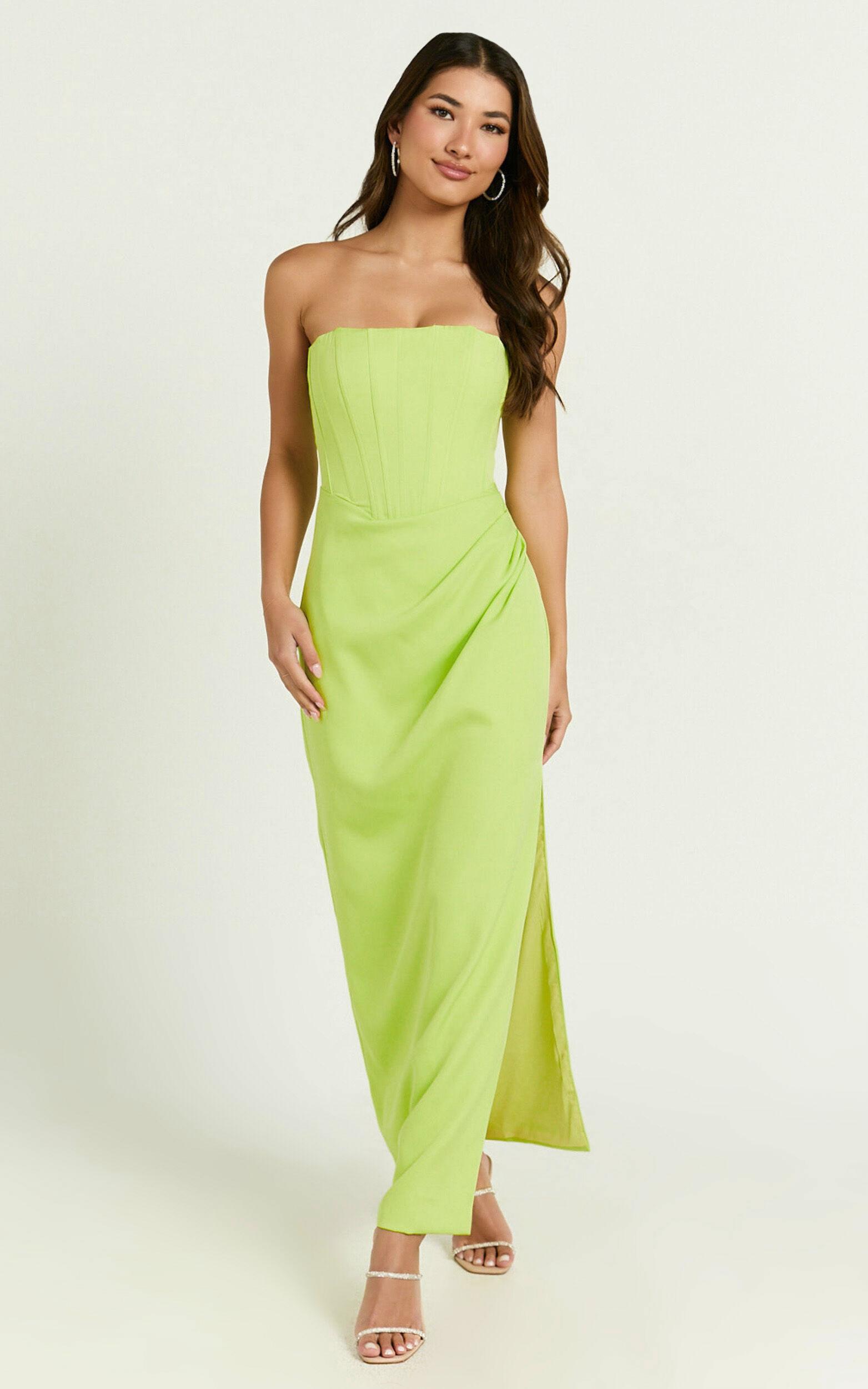 Avery Midi Dress - Strapless Draped Side Split Dress in Lime Product Image