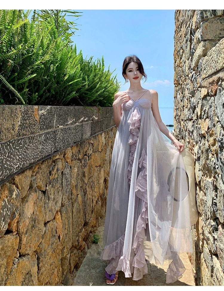 Spaghetti Strap Two-Tone Ruffled Maxi Sundress Product Image