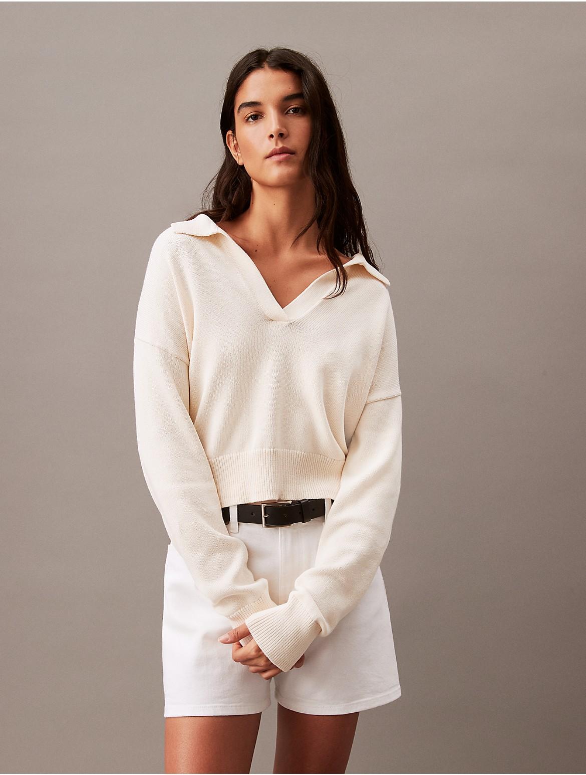 Calvin Klein Womens Smooth Cotton Cropped Polo Sweater - White Product Image