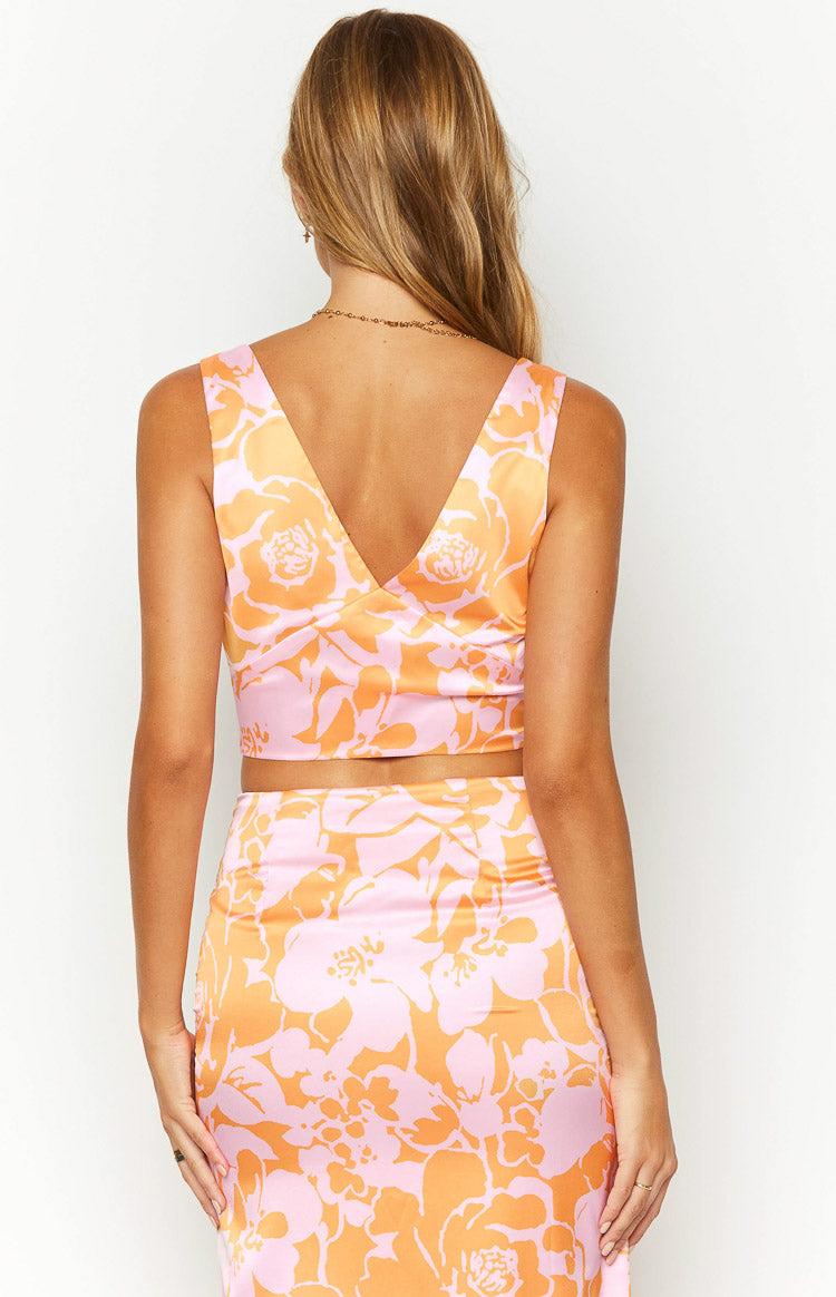 Dahlia Orange And Pink Floral Print Crop Top Product Image