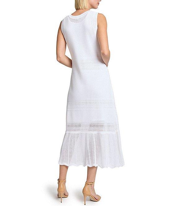 MISOOK Pointelle Knit Crew Neck Sleeveless Ruffle Hem Midi Dress Product Image