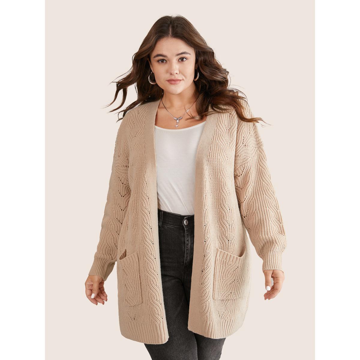 Plus Size Solid Textured Cable Knit Hollow Out Cardigan Champagne Women Casual Loose Long Sleeve Everyday Cardigans BloomChic 30/6X Product Image
