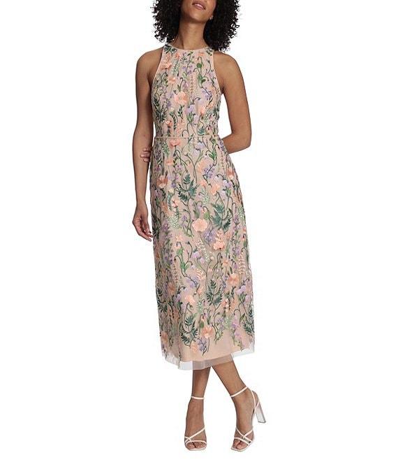 Maggy London Floral Embroidery Halter Neck Sleeveless Plunge Back Detail Midi Dress Product Image