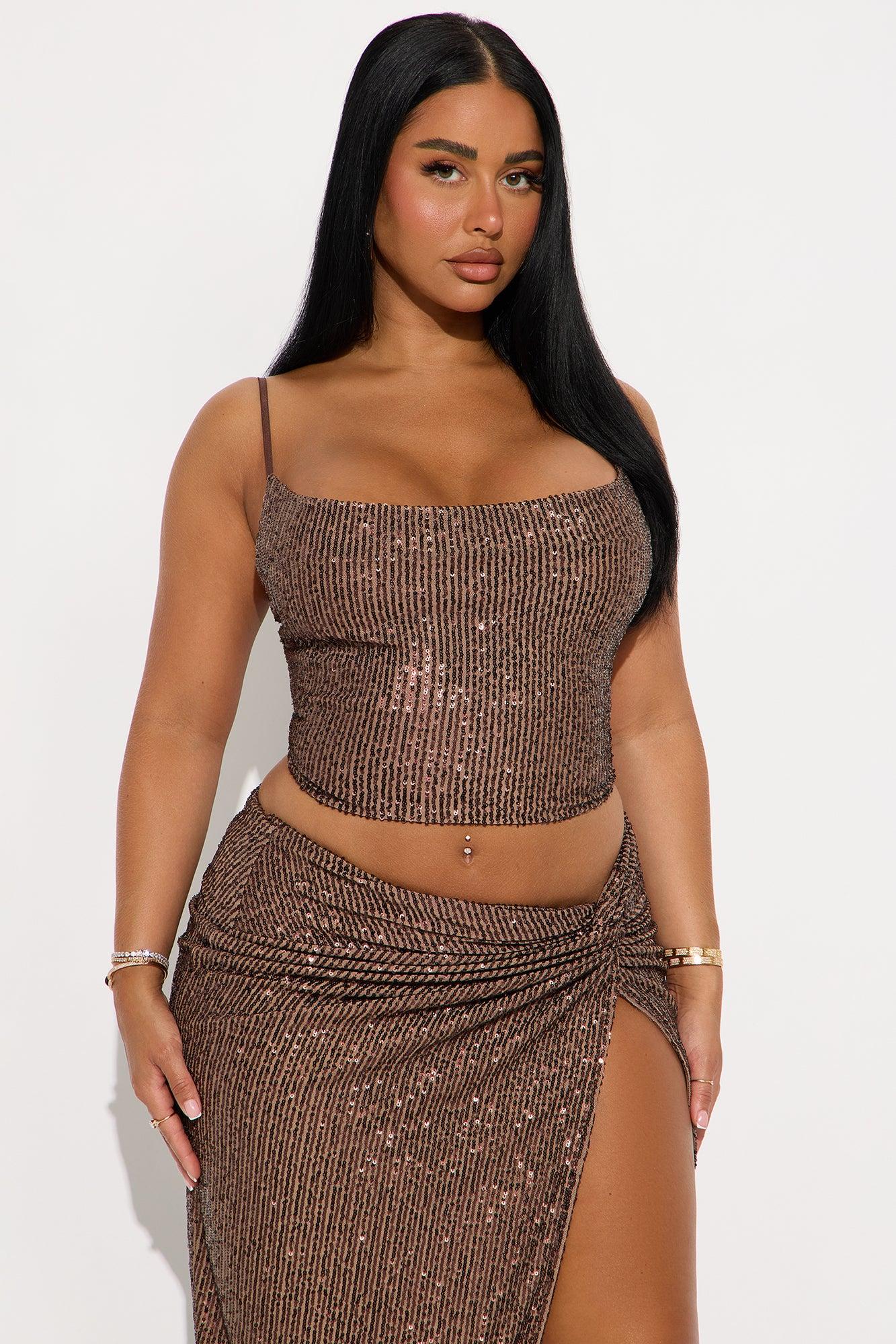 Side Of Spice Sequin Maxi Skirt Set - Chocolate Female Product Image