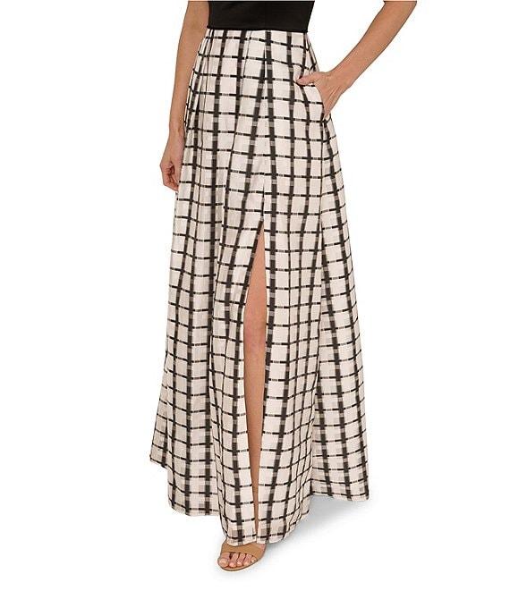 Adrianna Papell Mixed Media Plaid Halter Neck Sleeveless A-Line Gown Product Image