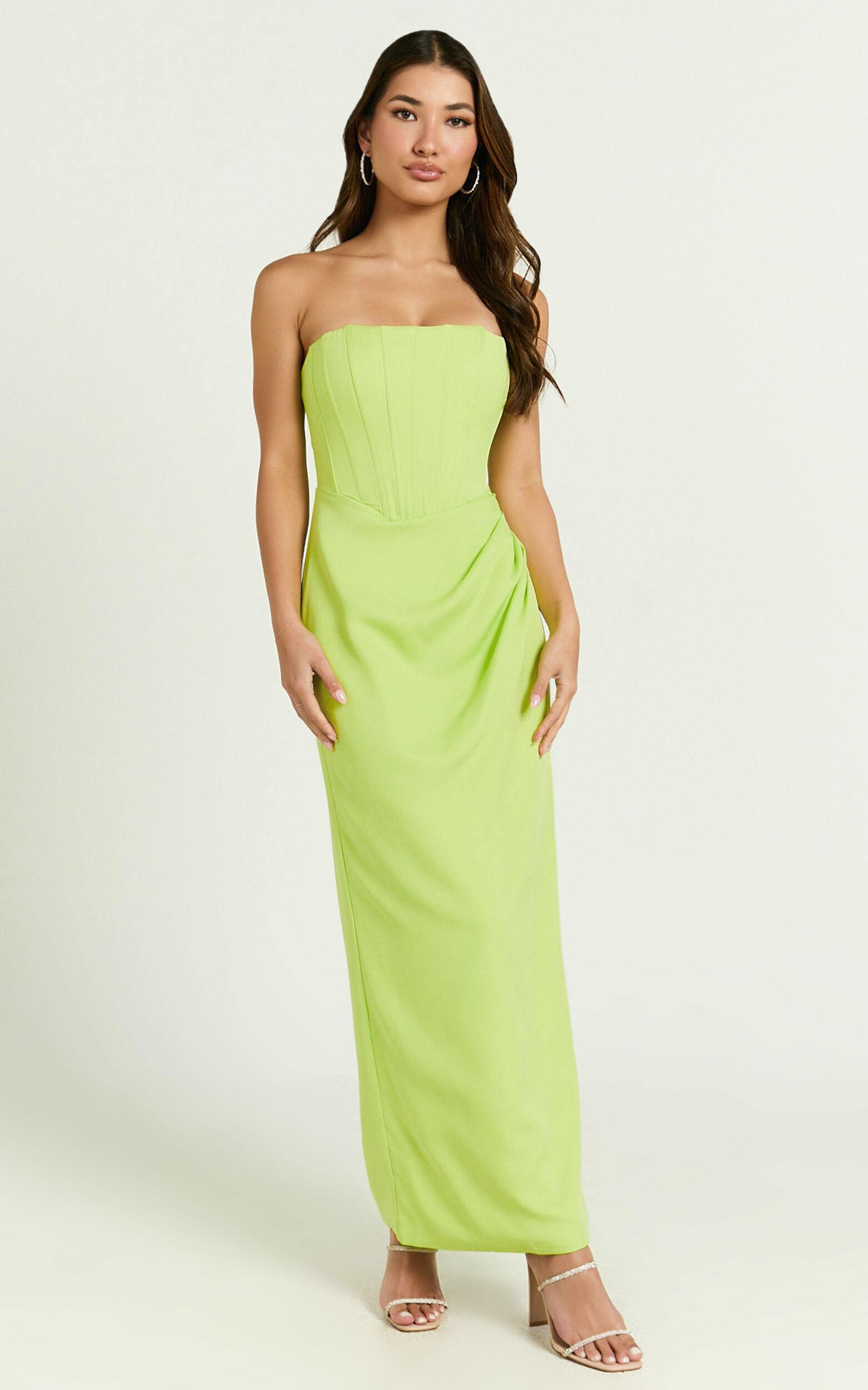 Avery Midi Dress - Strapless Draped Side Split Dress in Lime Product Image