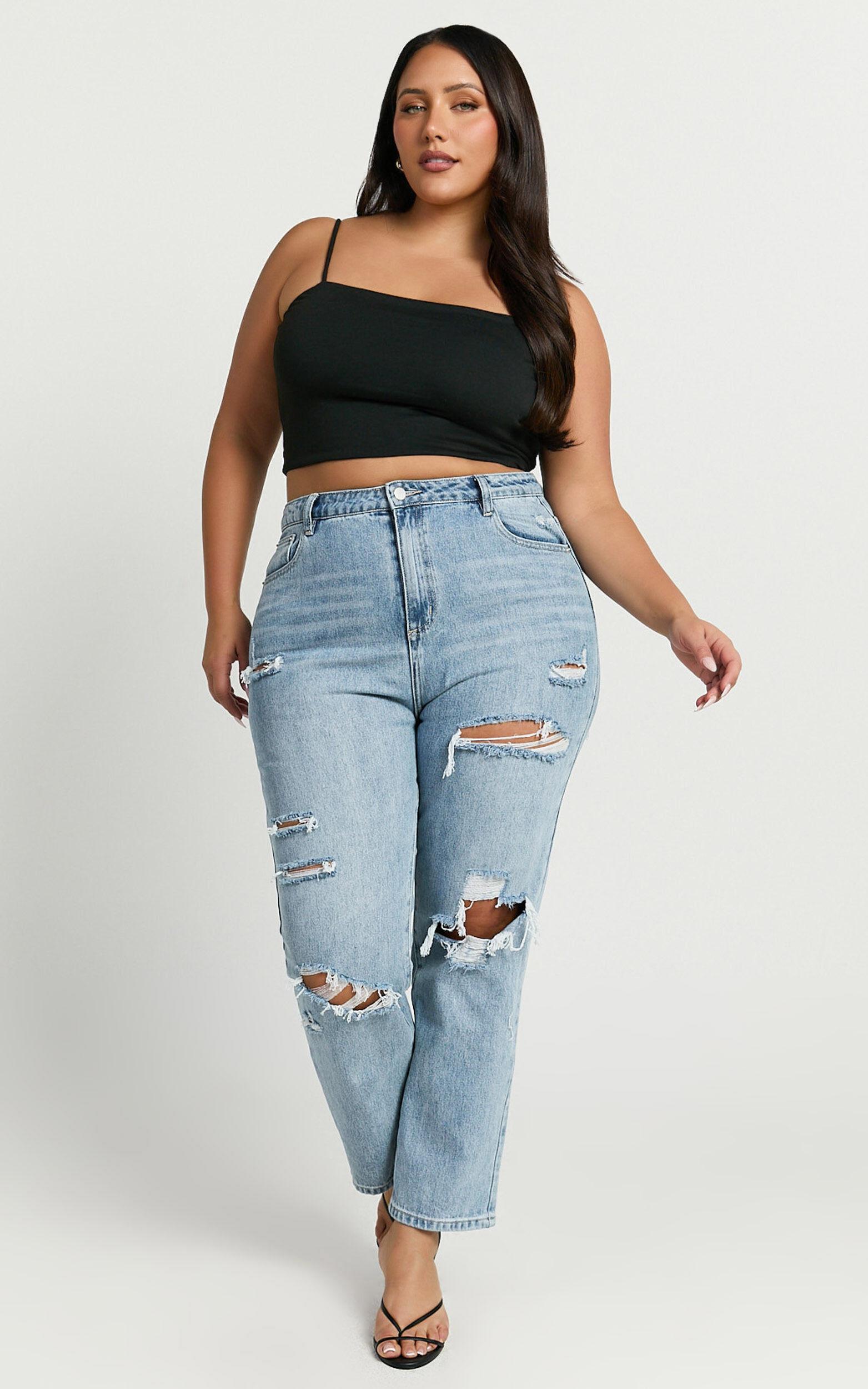 Billie Jeans - High Waisted Cotton Distressed Mom Denim Jeans in Mid Blue Wash Product Image