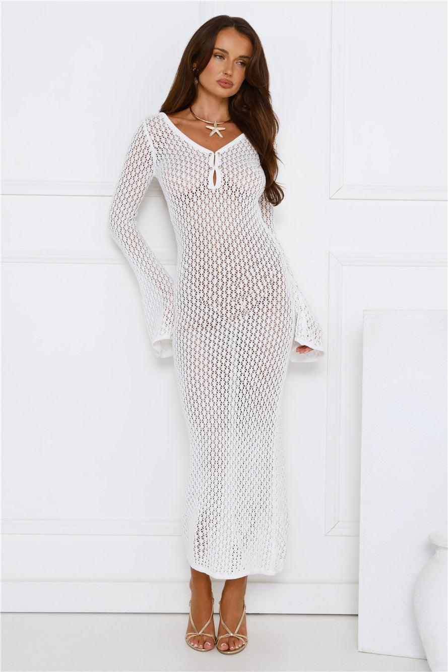 Sailing Into Sunset Knit Long Sleeve Maxi Dress White Product Image