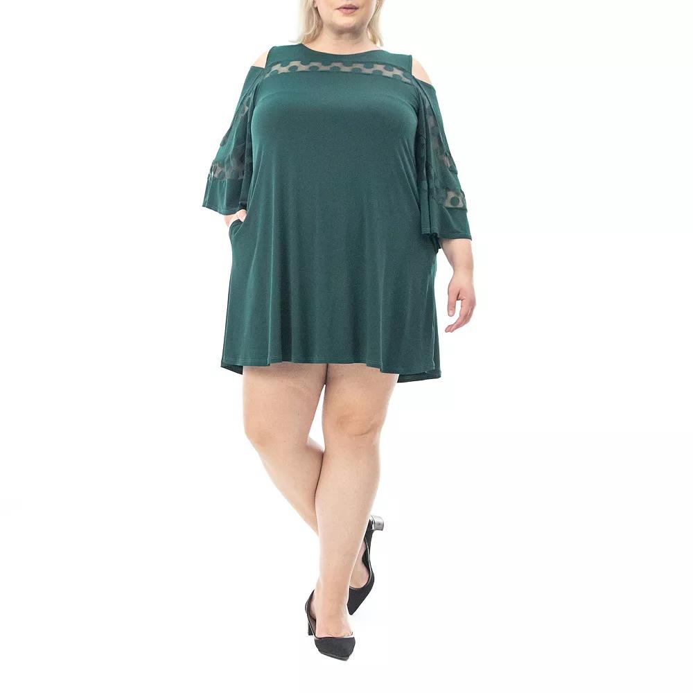 Plus Size Nina Leonard Mesh Yoke Cold-Shoulder Swing Dress, Women's, Size: 2XL, Rich Green Product Image