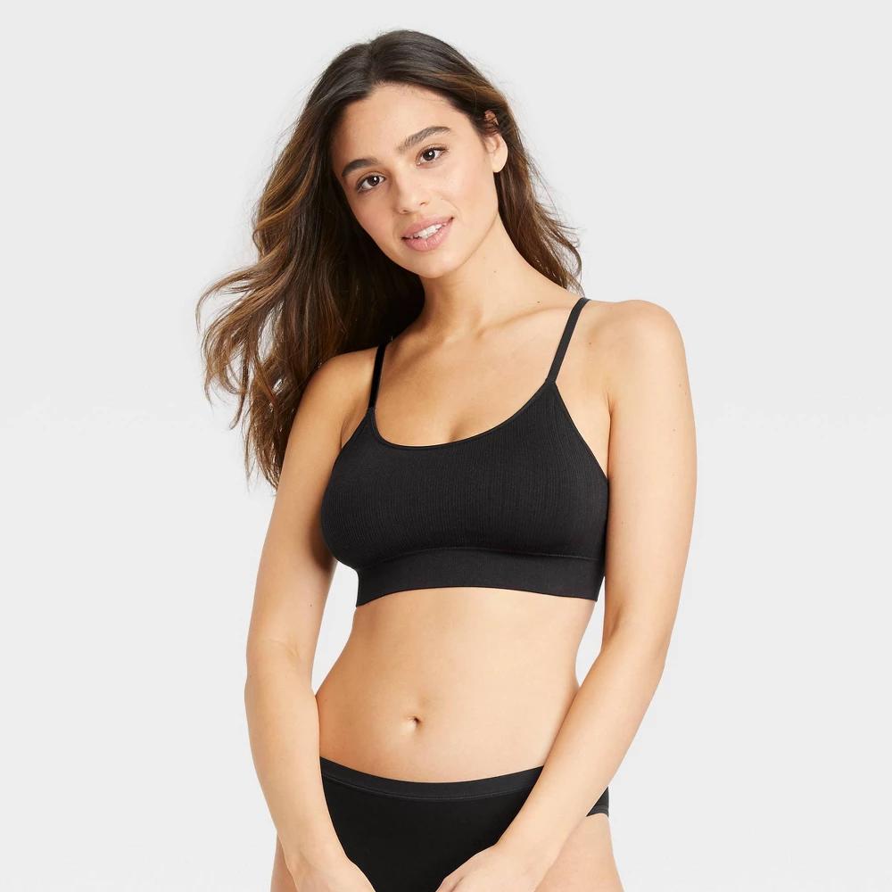 Womens Ribbed Seamless Bralette - Auden Black XS: Nylon-Spandex Blend, Pullover, Removable Cup, Machine Washable Product Image