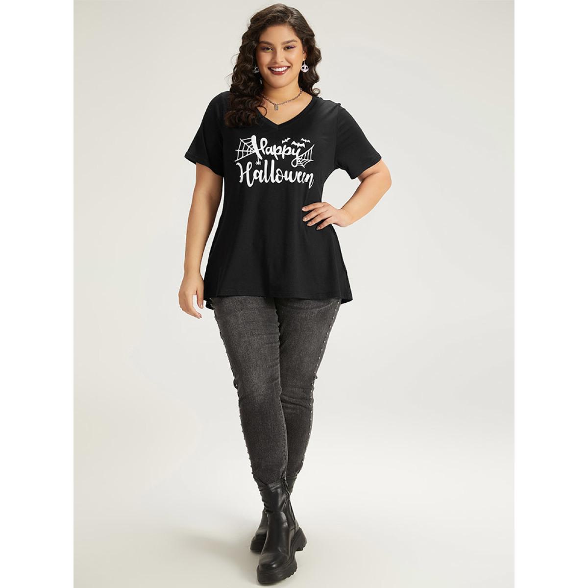 Plus Size Halloween Letter Print V Neck T-shirt Black Women Casual Printed Halloween Festival-Halloween T-shirts BloomChic 26/4X Product Image