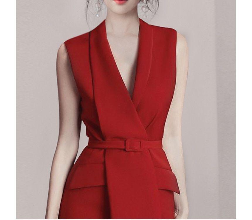 Sleeveless Asymmetrical Lapel Plain Belted Midi A-Line Dress Product Image