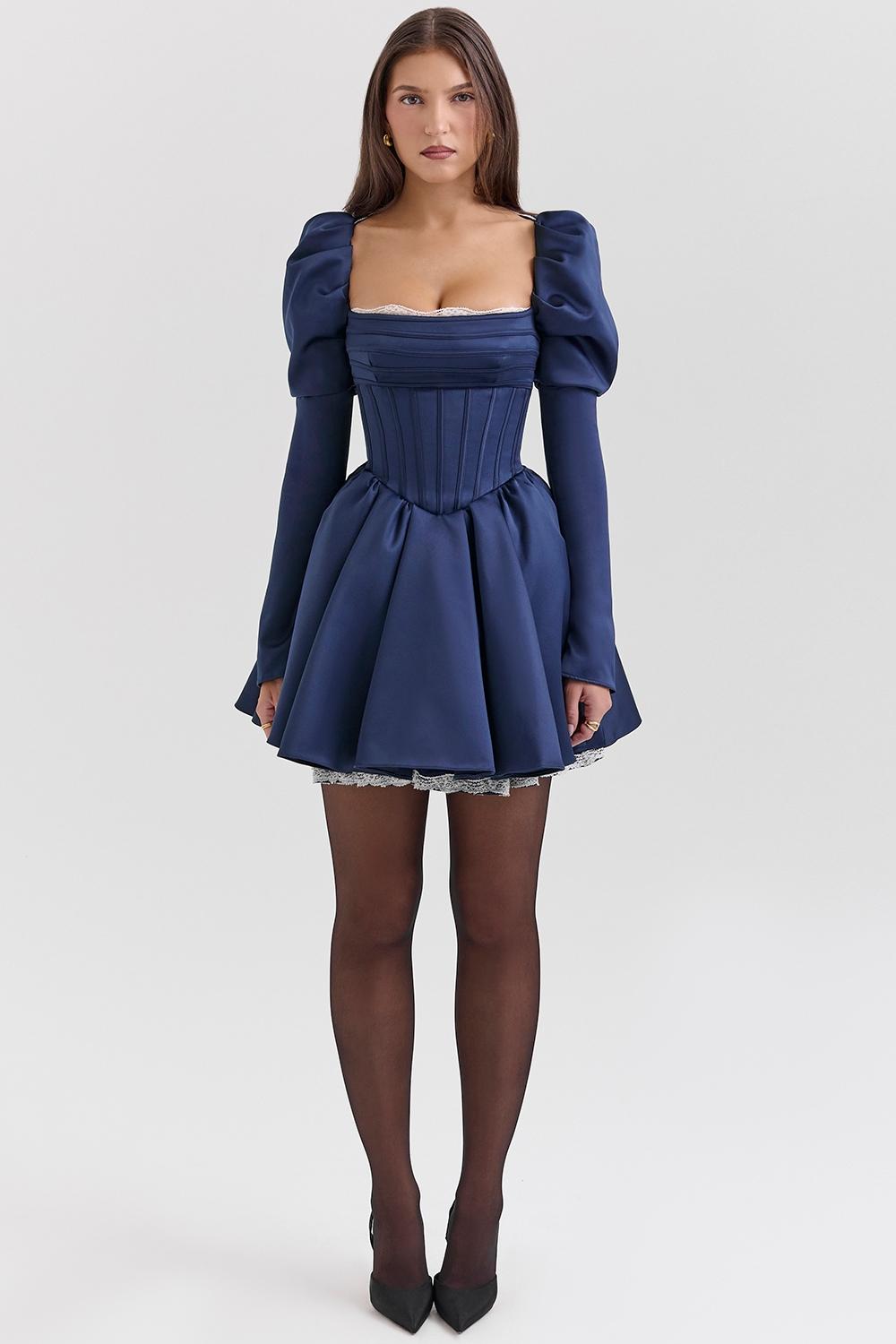 Venetia  midnight satin puff sleeve mini dress - sale Product Image