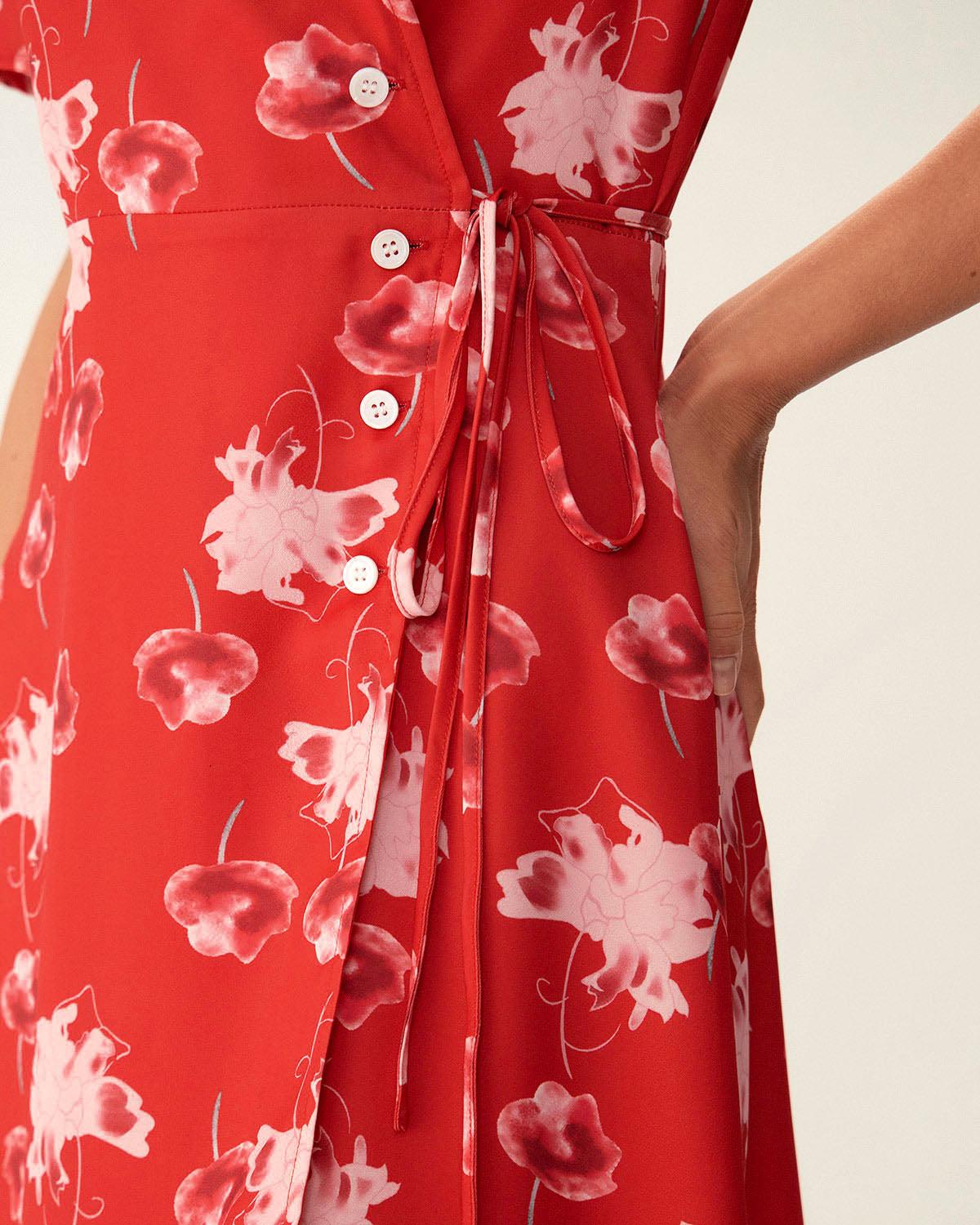 Red Floral A-Line Wrap Mini Dress Product Image