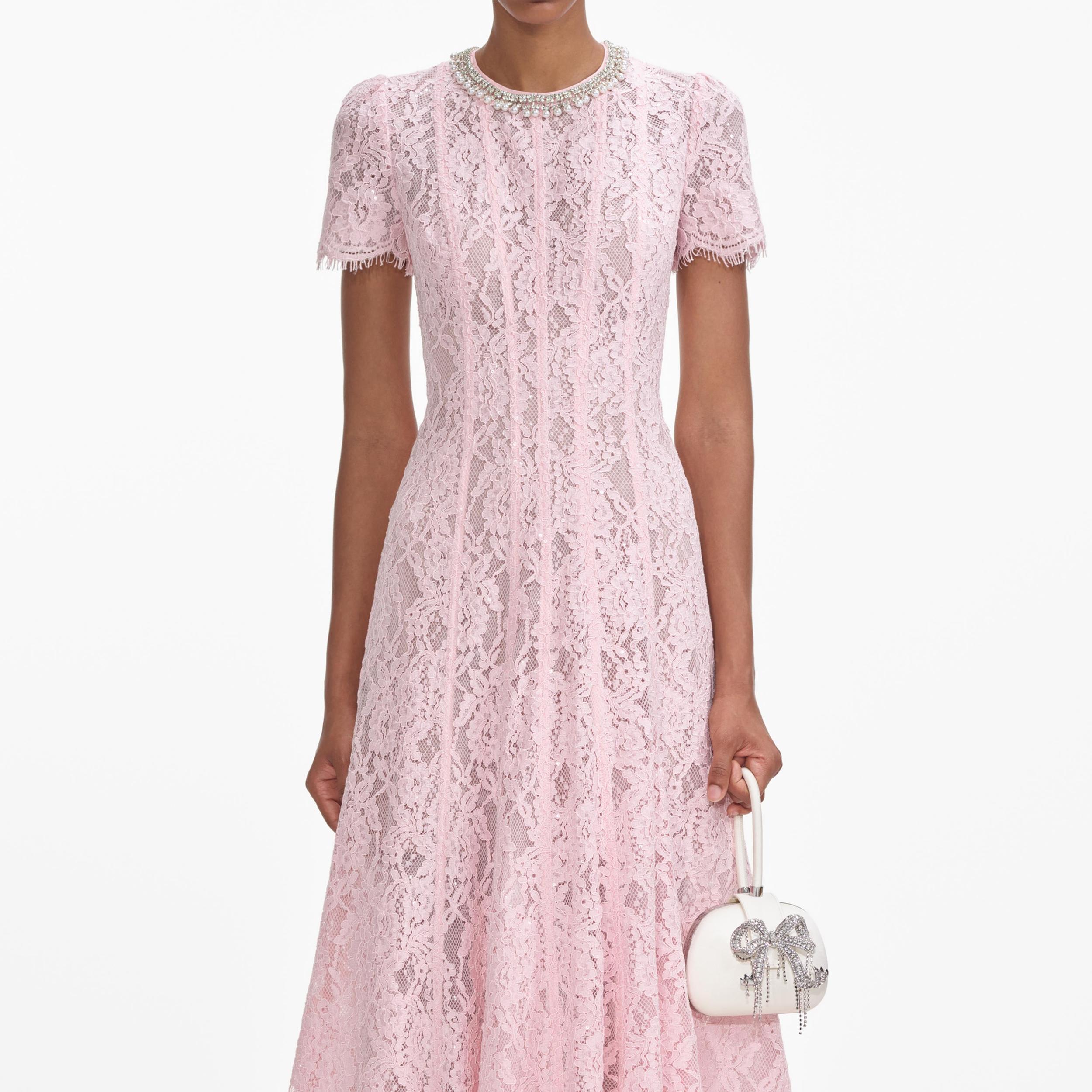 Pink Lace Embellished Midi Dress Product Image
