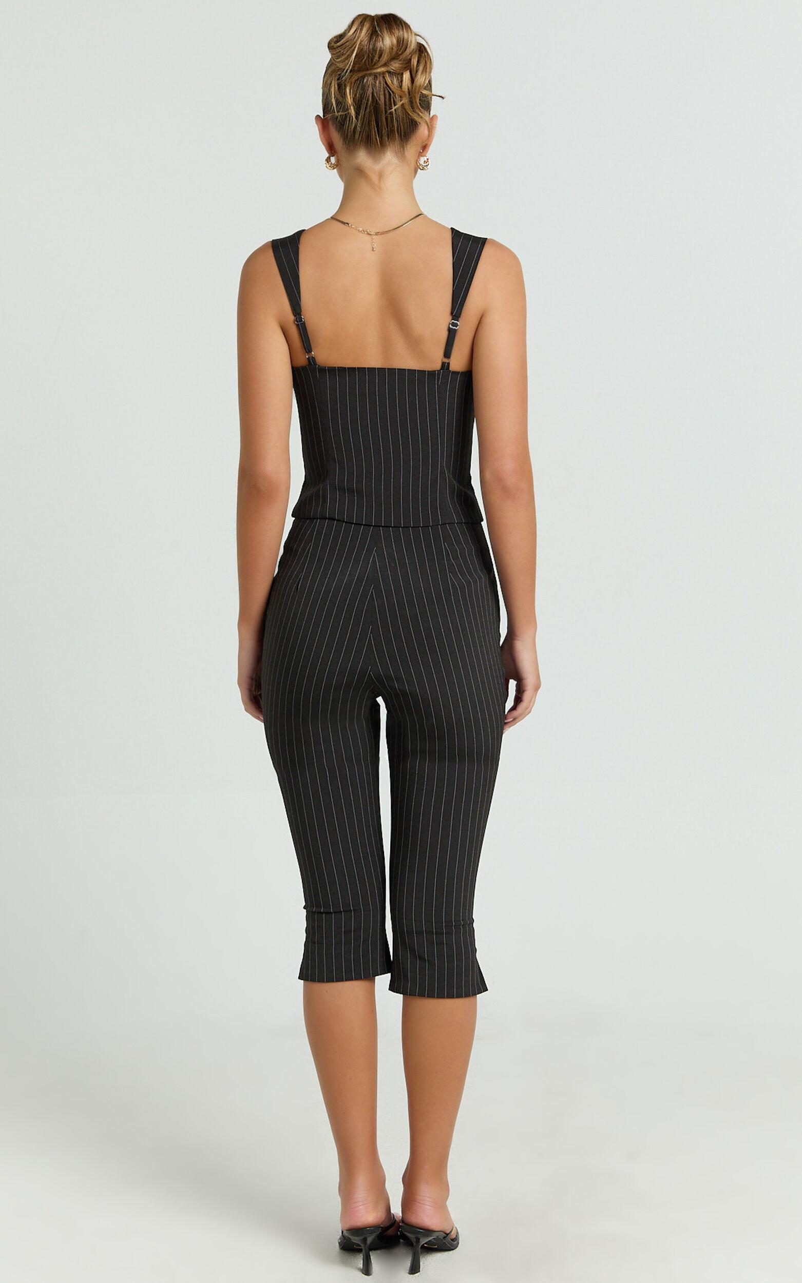 Susannah Pants - Pinstripe Fitted Split Leg Capri Pants in Black Stripe Product Image