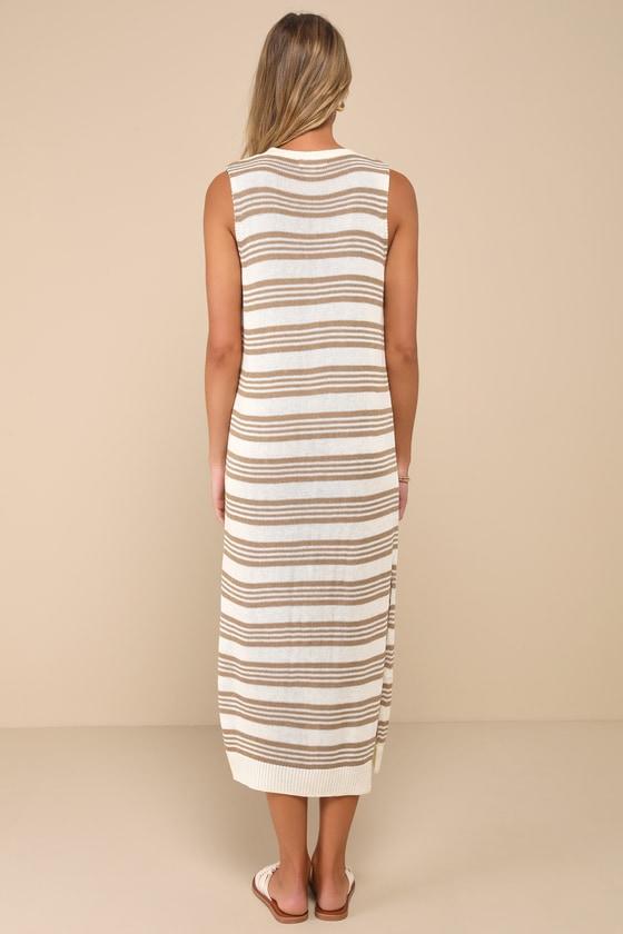 Longline Vest Cream and Taupe Knit Sleeveless Sweater Dress Product Image