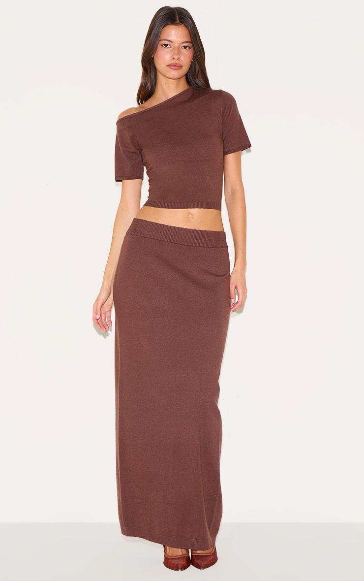 Chocolate Basic Knit Asymmetric Neckline Top Product Image