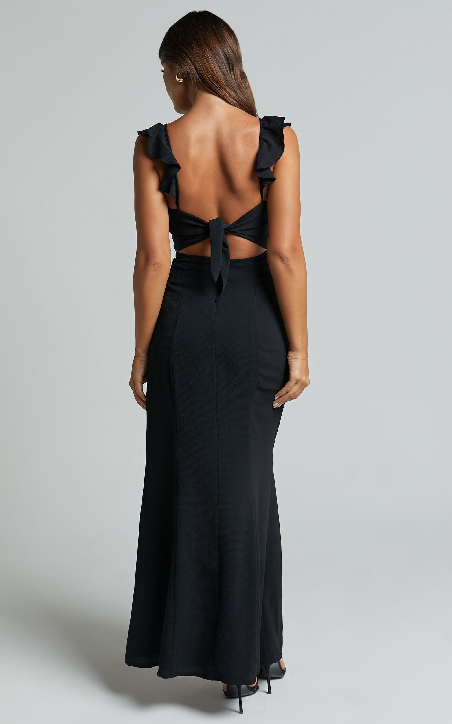 More Than This Maxi Dress - Ruffle Strap Thigh Split Dress in Black Product Image