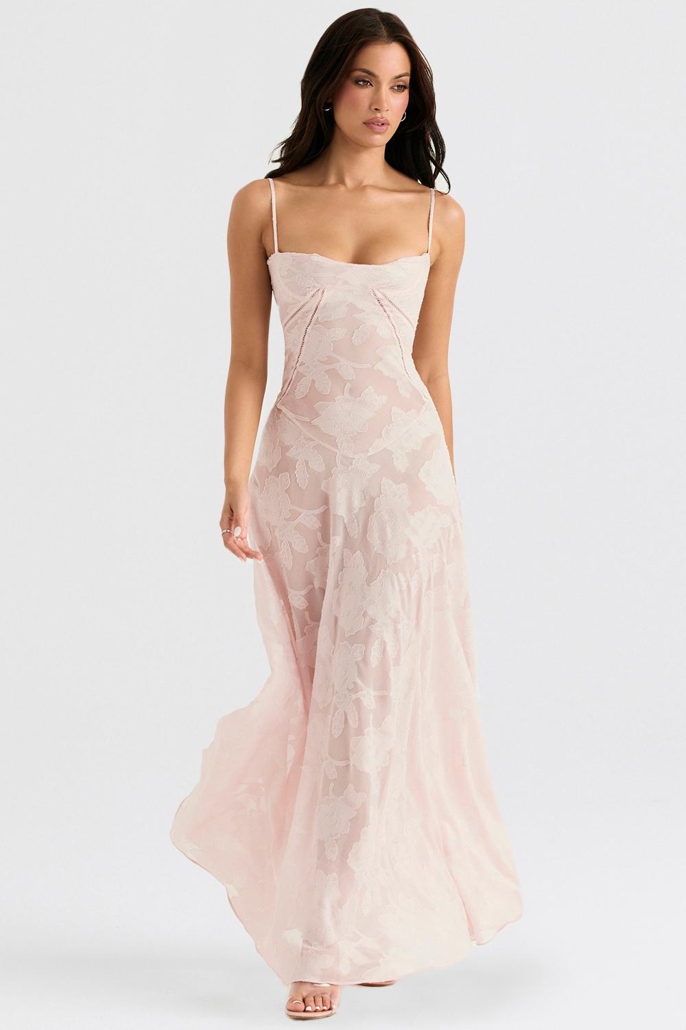Seren  soft pink floral lace back maxi dress Product Image