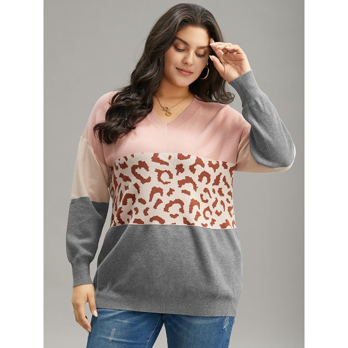 Plus Size Leopard Contrast Patchwork Batwing Sleeve Pullover Multicolor Women Casual Loose Long Sleeve V-neck Dailywear Pullovers BloomChic 18-20/2X Product Image