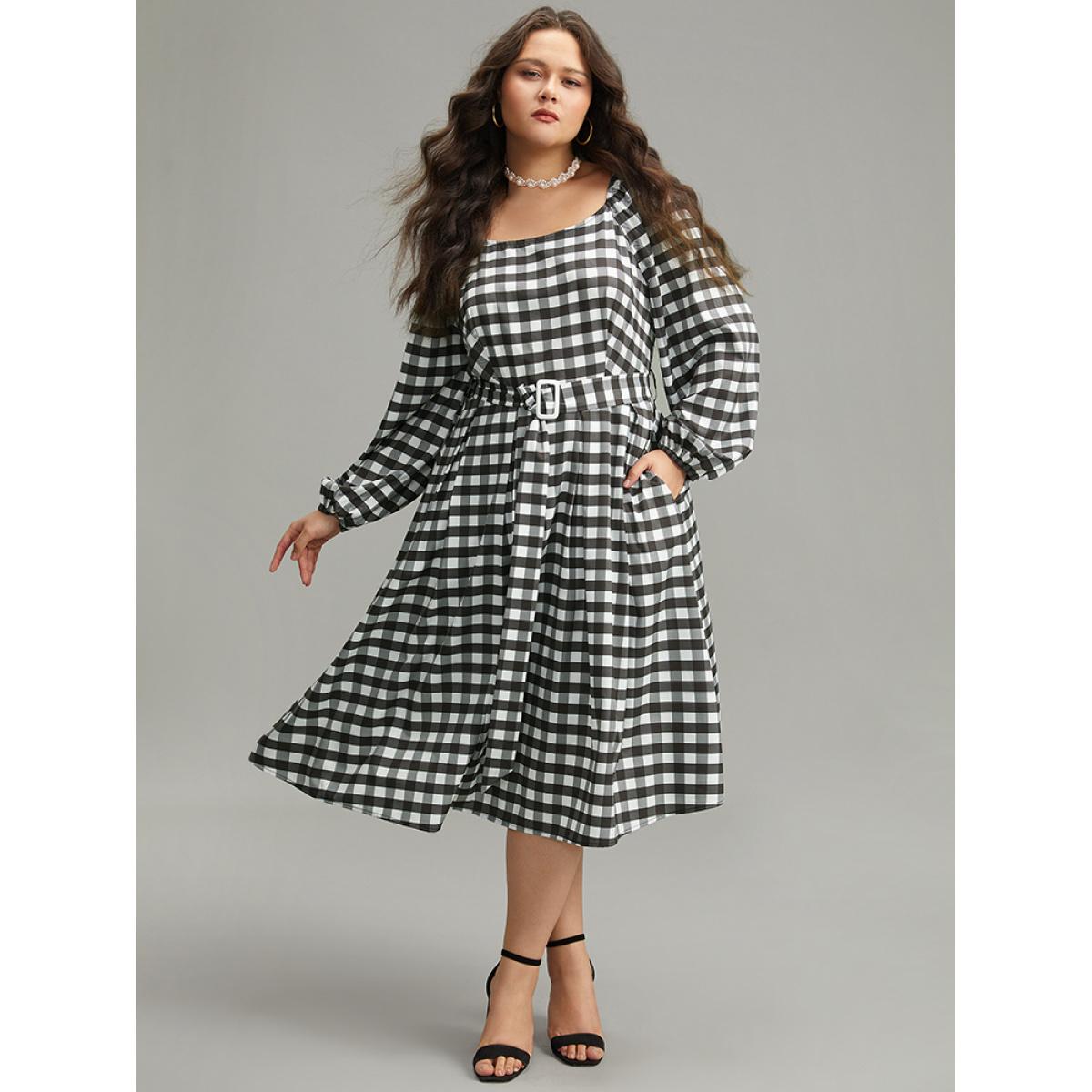 Plus Size Halloween Plaid Print Belted Square Neck Lantern Sleeve Dress Black Women Elegant Elastic cuffs Square Neck Long Sleeve Curvy Midi Dress BloomChic 26/4X Product Image