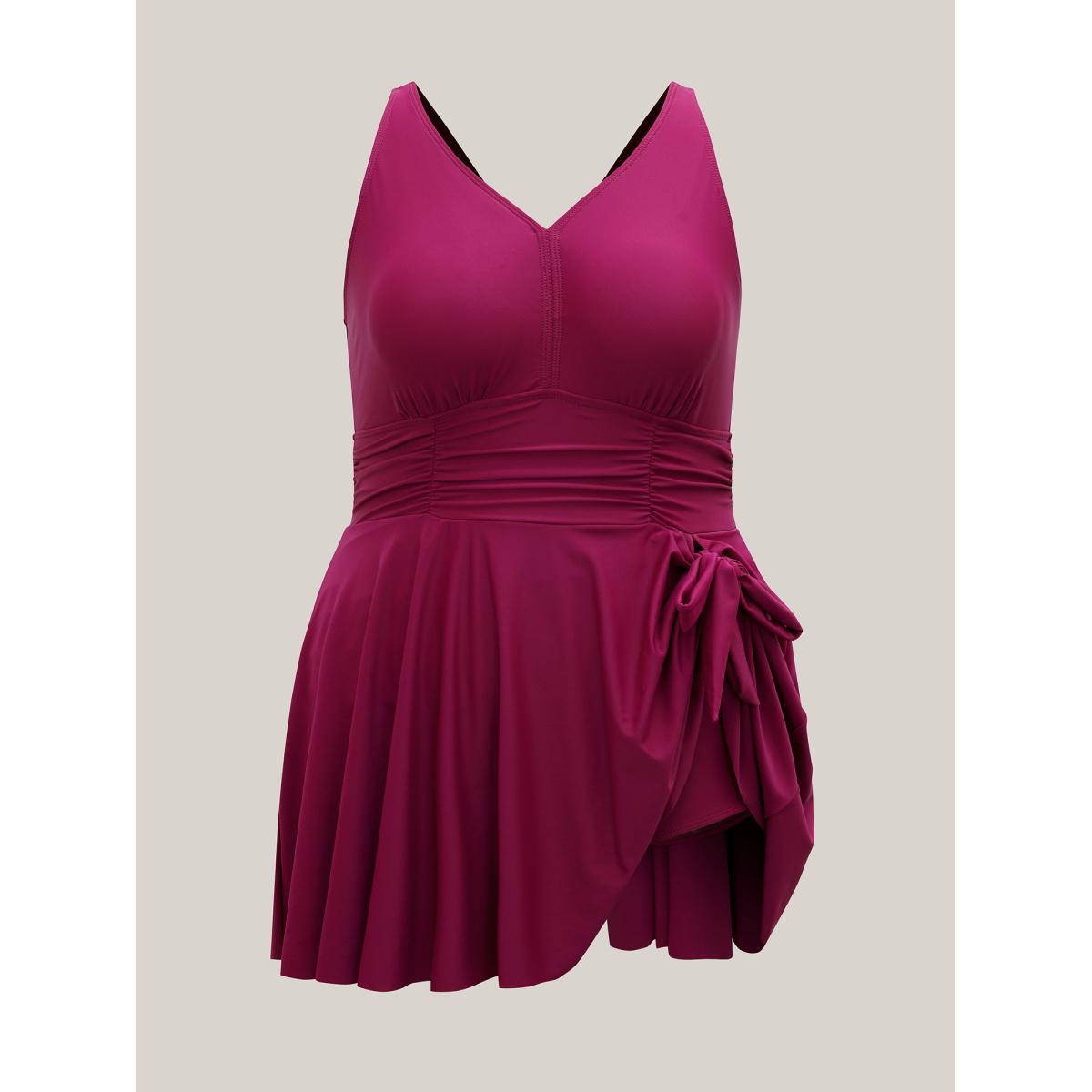 Plus Size Ruched Side-Tie Adjustable Swim Dress Women's Swimwear RedViolet Beach Bodycon U-neck High stretch Curve Swim Dresses BloomChic 26/4X Product Image