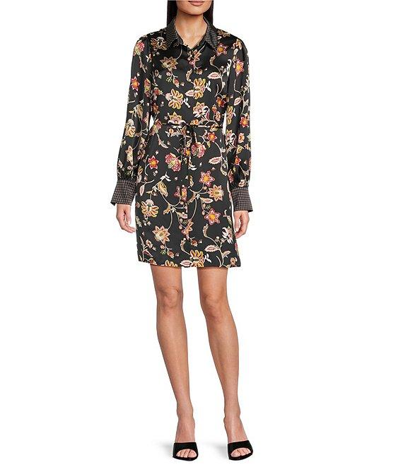 CeCe Woven Paisley Print Point Collar Long Sleeve Mini Shirt Dress Product Image