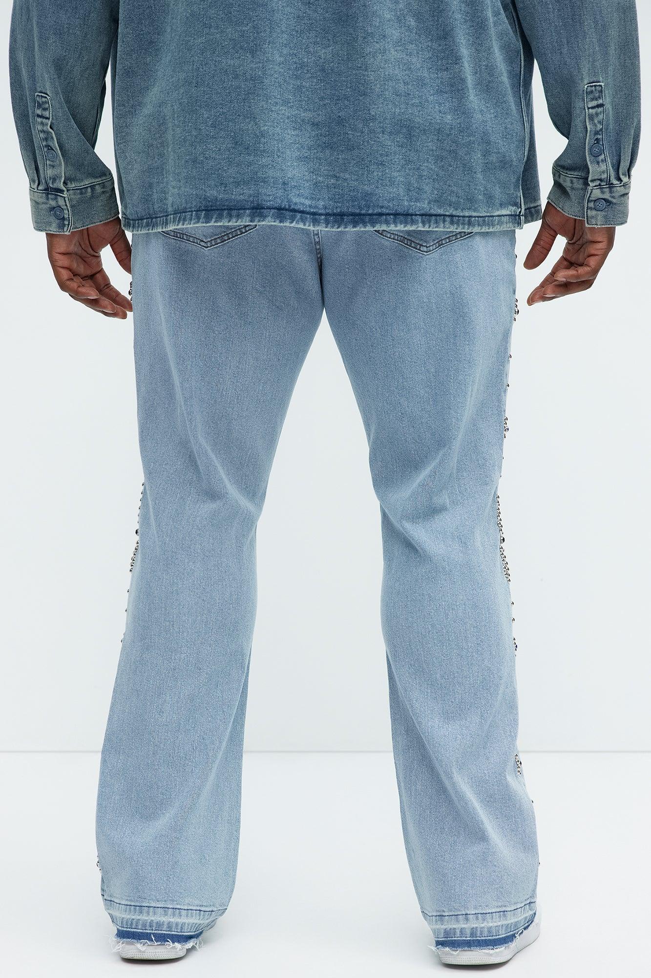 Western Studded Stacked Slim Flare Jeans - Light Wash Product Image