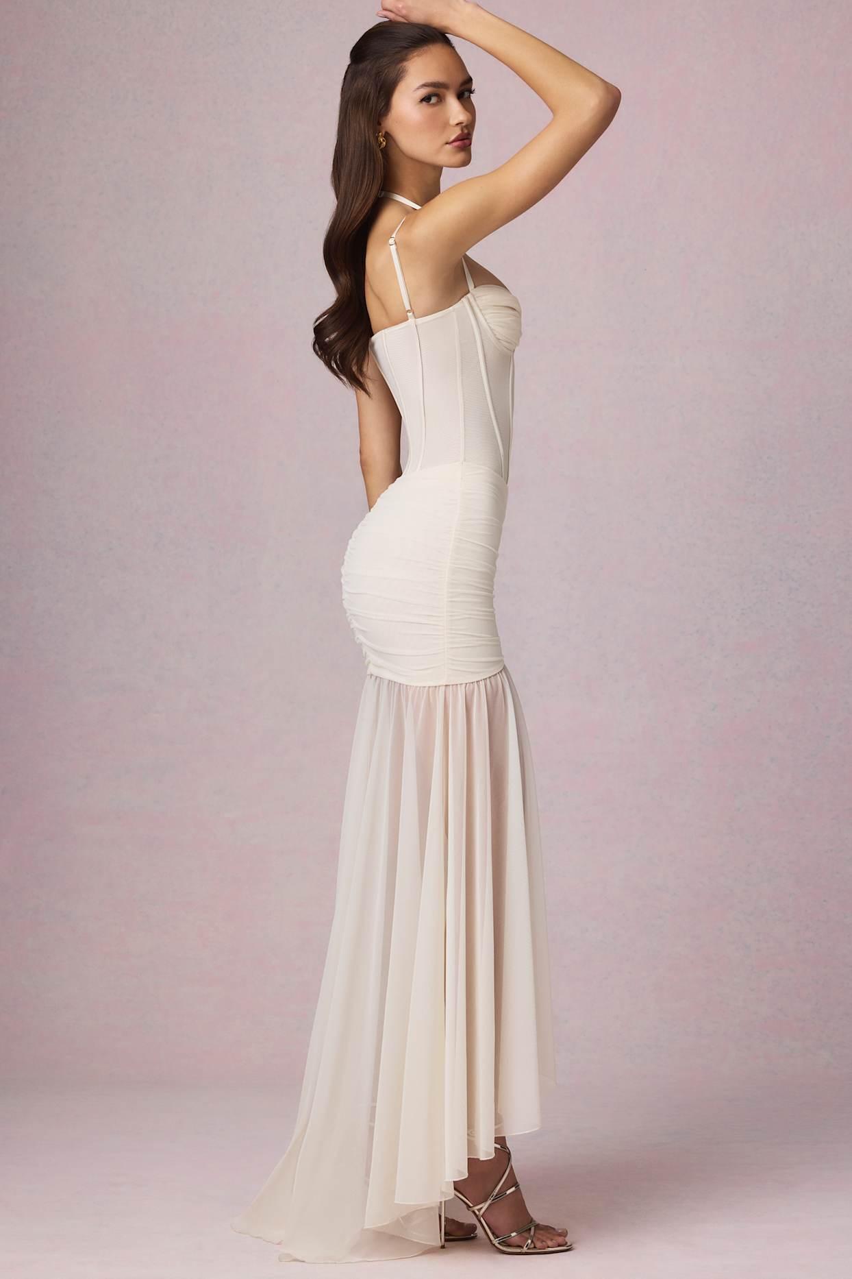 Ruched Asymmetric Corset Gown in Ivory Product Image