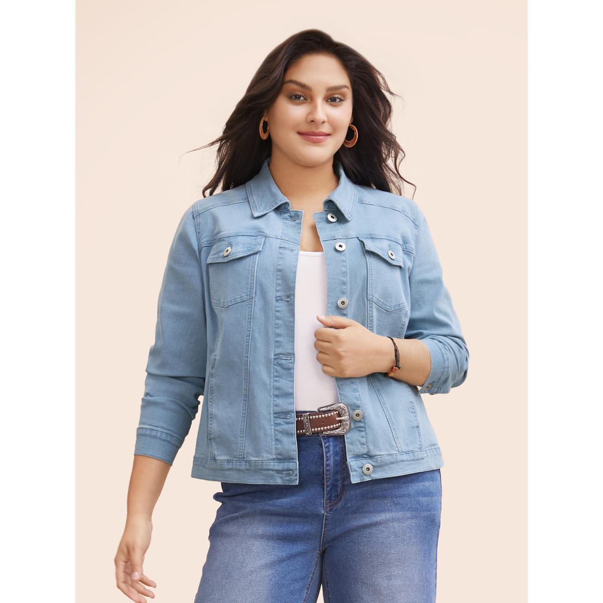 Women Stretch Denim Hourglass-Fit Jacket Denimblue Plus Size Button Everyday Casual Denim Jackets BloomChic 14-16/1X Product Image