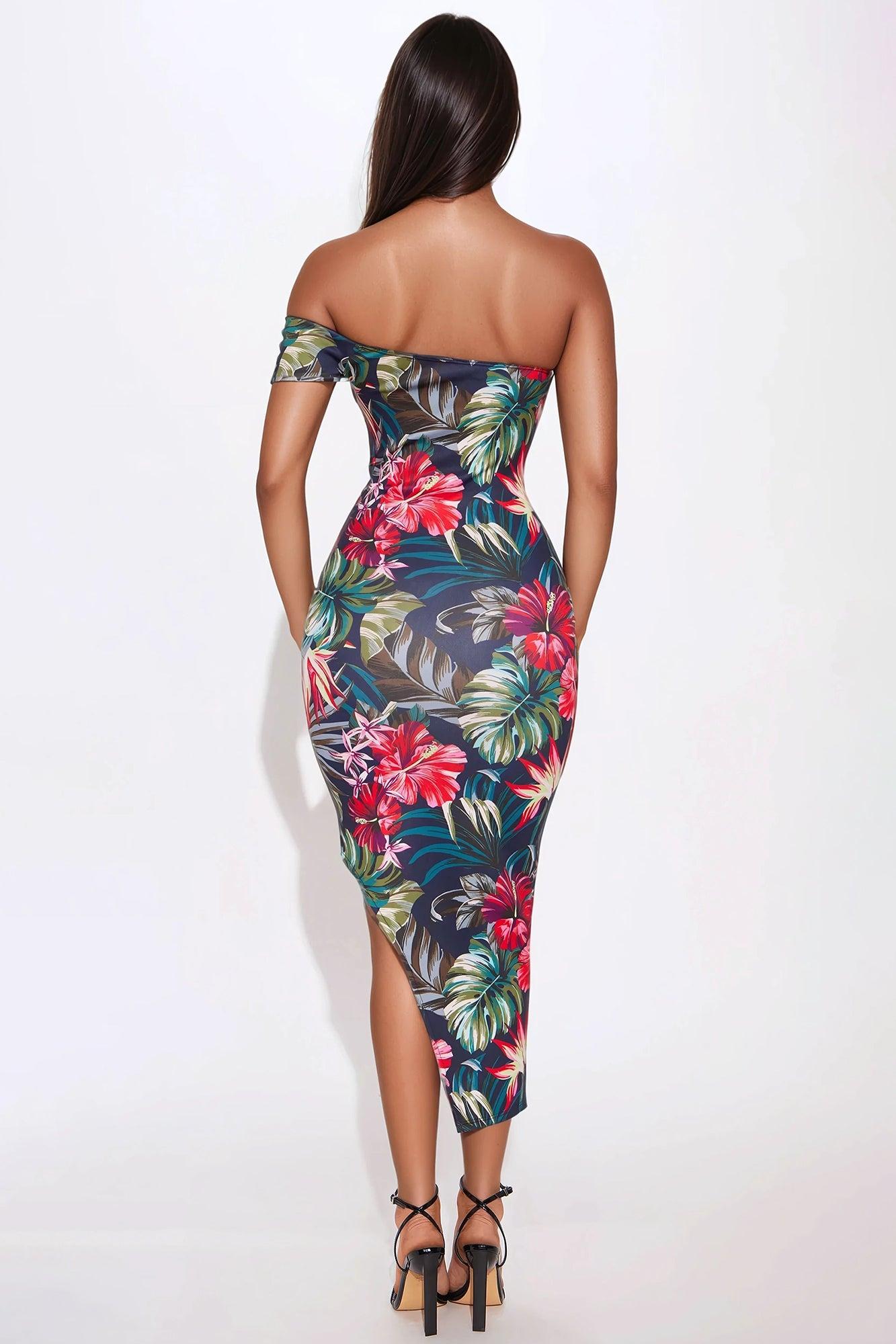 Island Gal Tropical Off Shoulder Midi Dress - Navy/combo Product Image