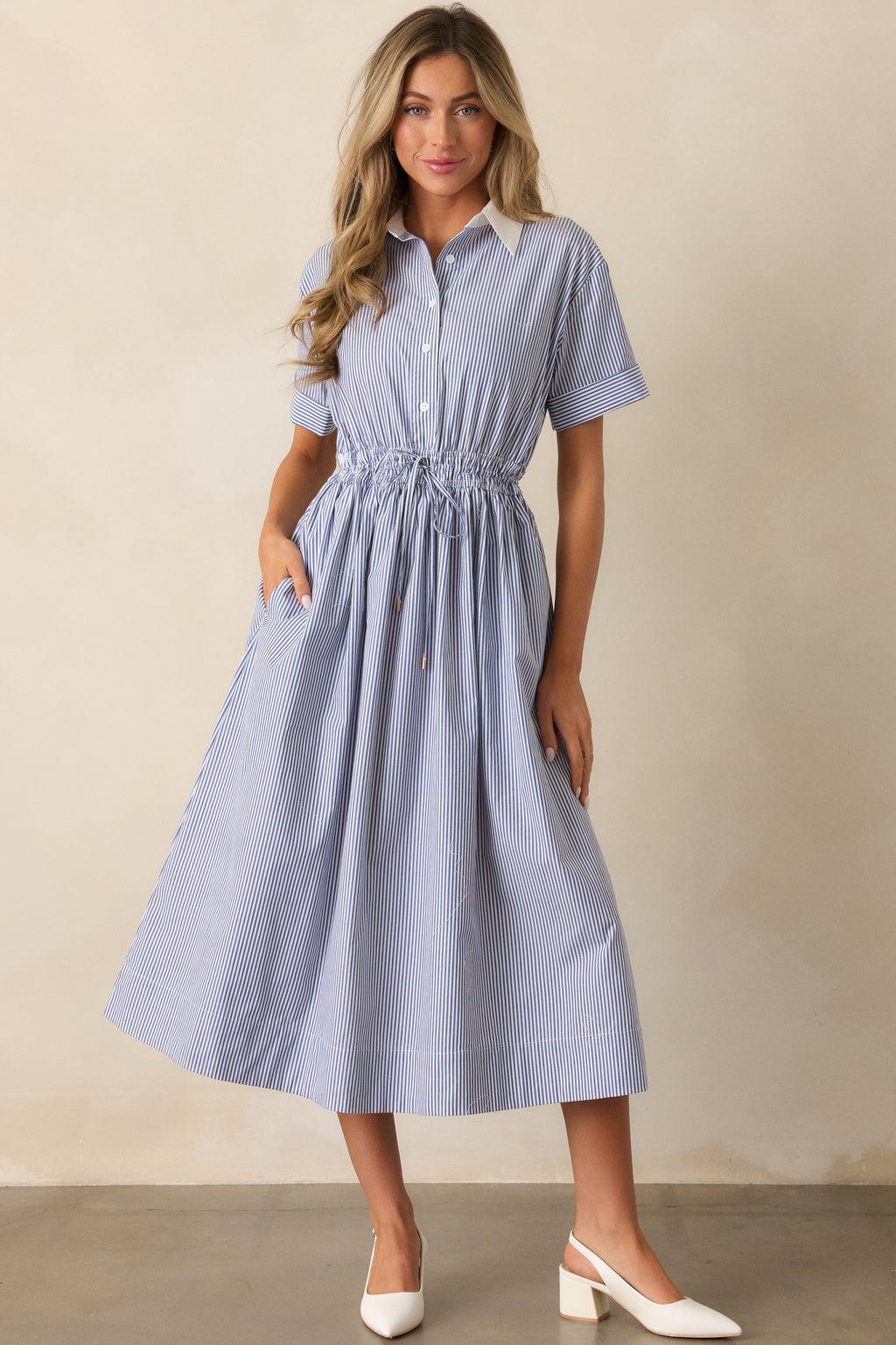 Making My Way Home Cotton Blue Stripe Short Sleeve Maxi Dress Product Image
