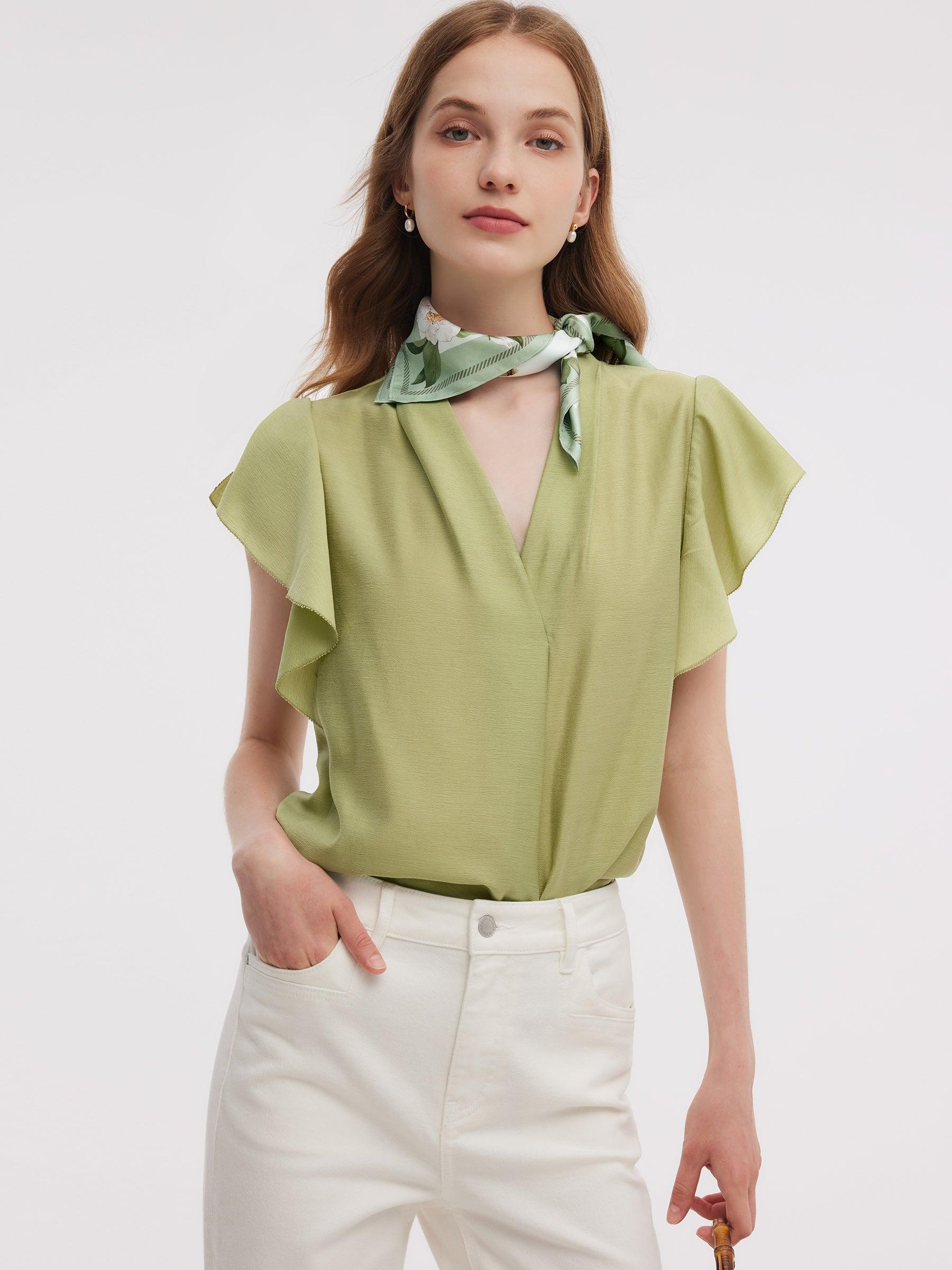 Acetate Blend V-Neck Women Ruffle Sleeve Blouse Product Image