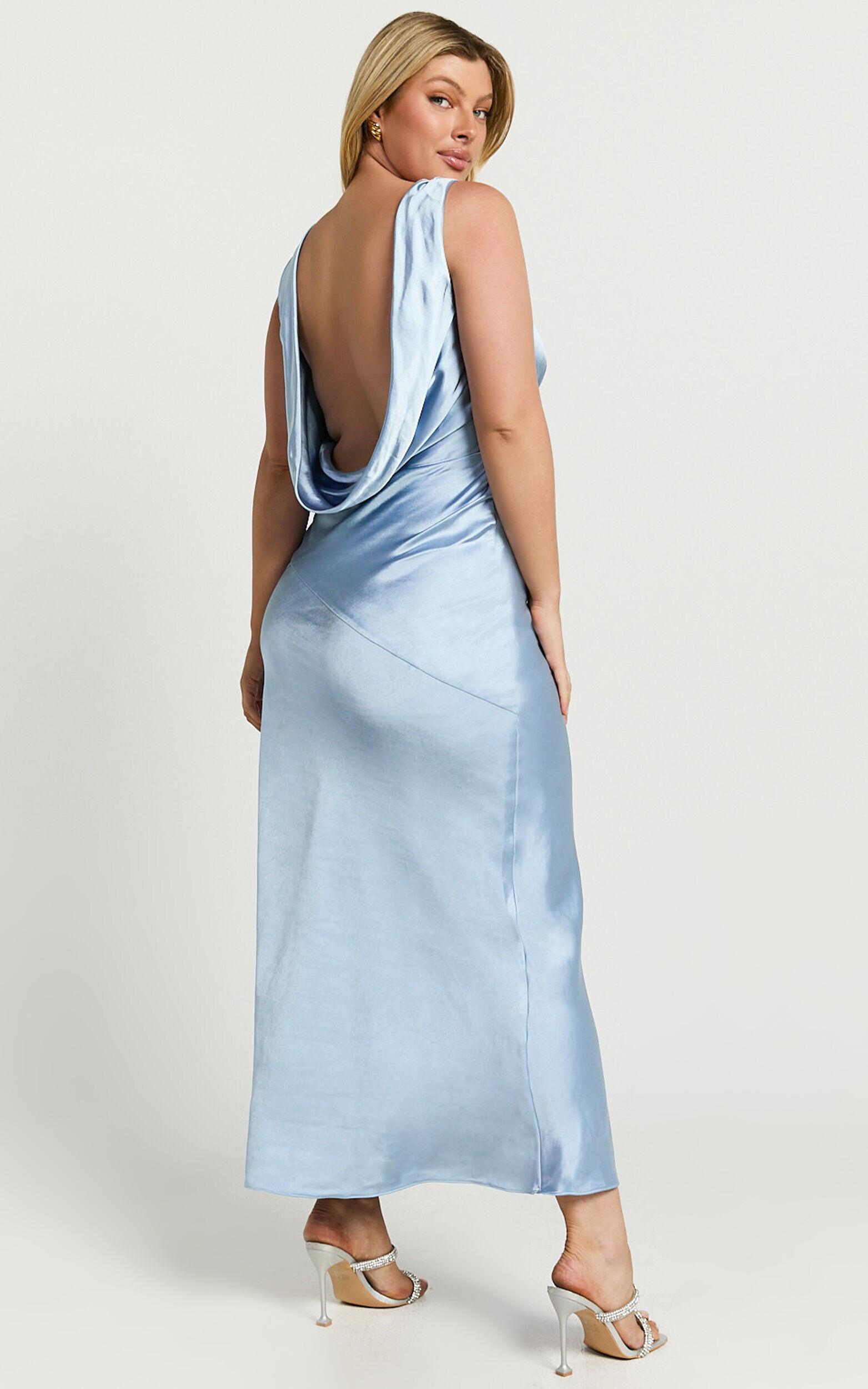 Brienne Midi Dress - Plunge Cowl Back Satin Dress in Blue Product Image
