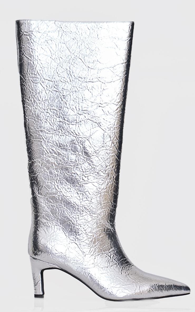 Silver Crinkle PU Point Toe Low Stiletto Knee High Heel Boots Product Image