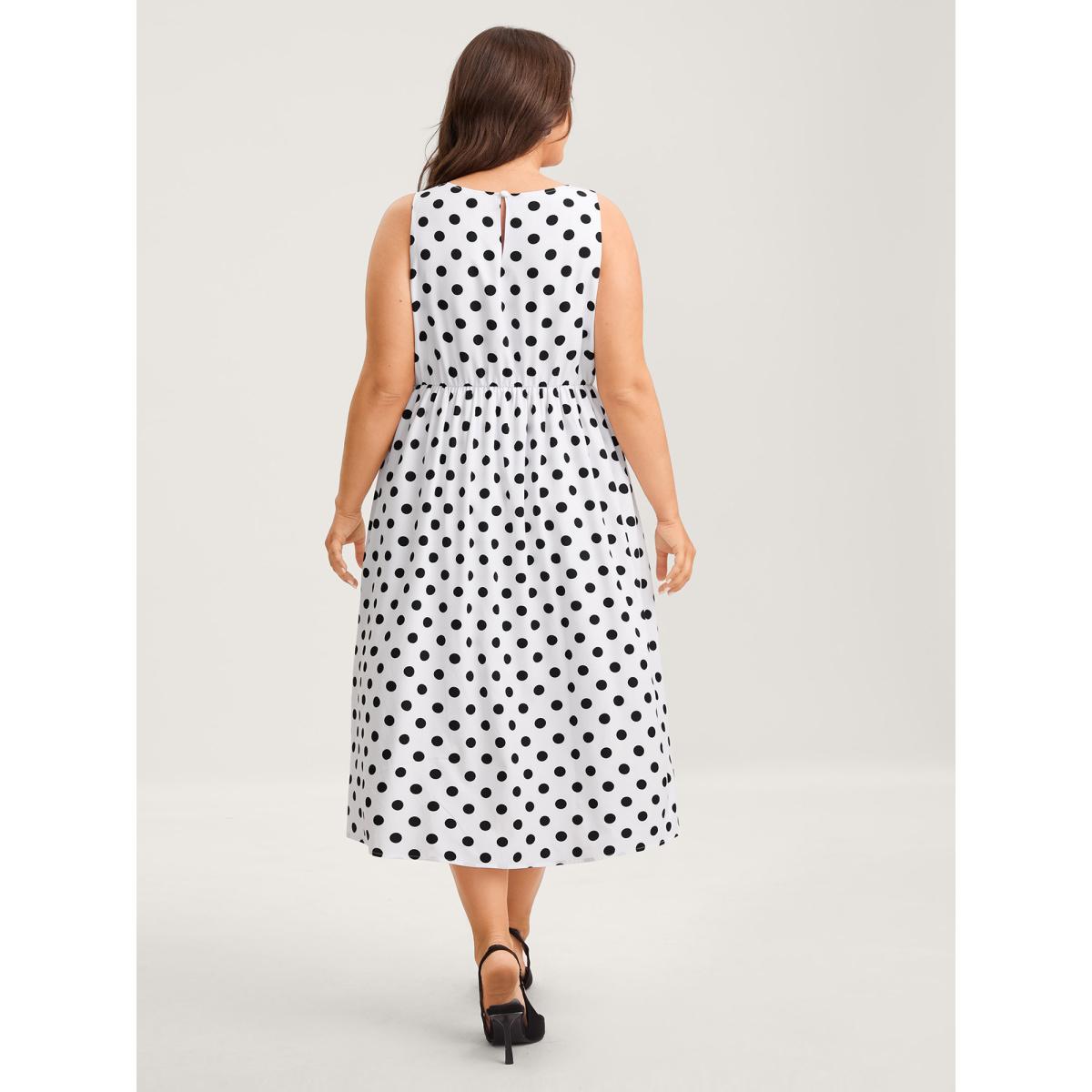 Plus Size Pretty Polka Dots Drop Waist Midi Dress Ivory Women Office Gathered Round Neck Sleeveless Curvy BloomChic 22-24/3X Product Image