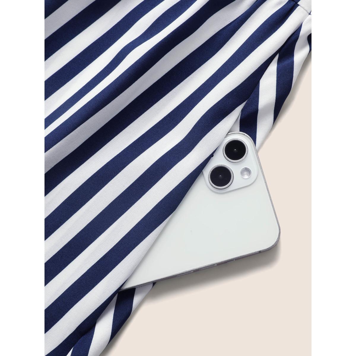 Plus Size Striped Button Detail Split Front Midi Dress Indigo Women Elegant Gathered Heart neckline Sleeveless Curvy BloomChic 26/4X Product Image