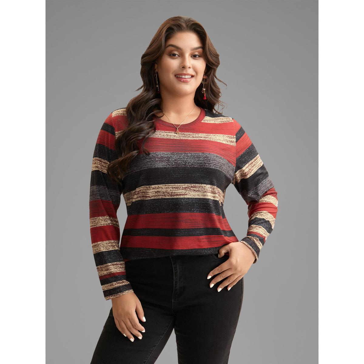 Plus Size Holiday Colorful Striped Tee Multicolor Women Casual Contrast Round Neck Everyday T-shirts BloomChic 28/5X Product Image