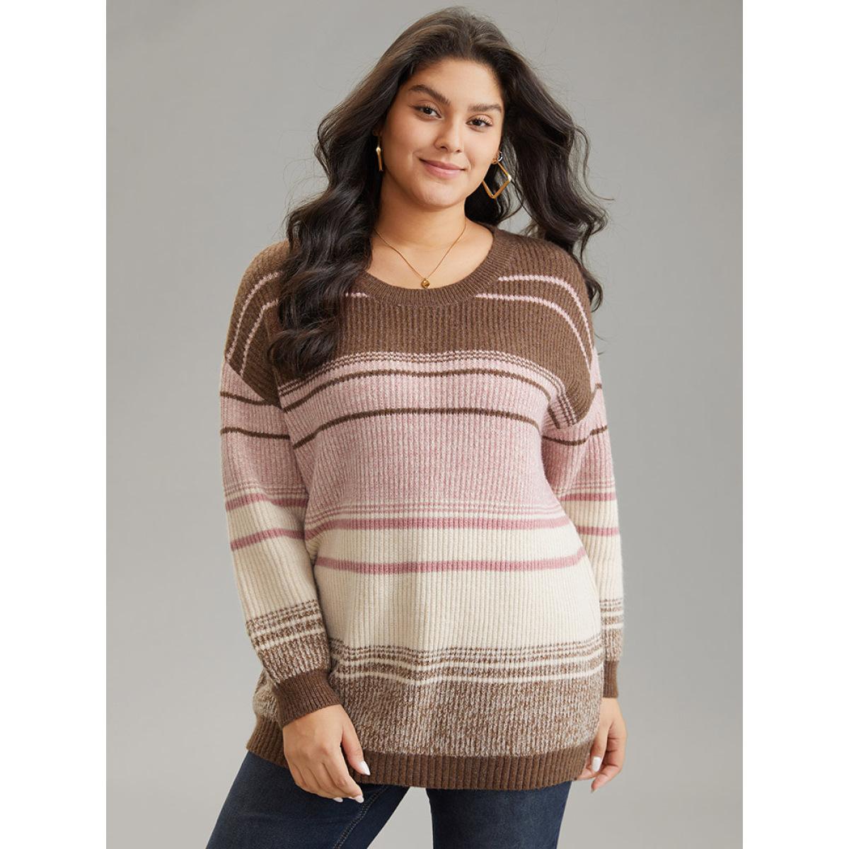 Plus Size Drop Shoulder Heather Colorblock Elastic Cuffs Pullover Multicolor Women Casual Long Sleeve Round Neck Everyday Pullovers BloomChic 10/M Product Image