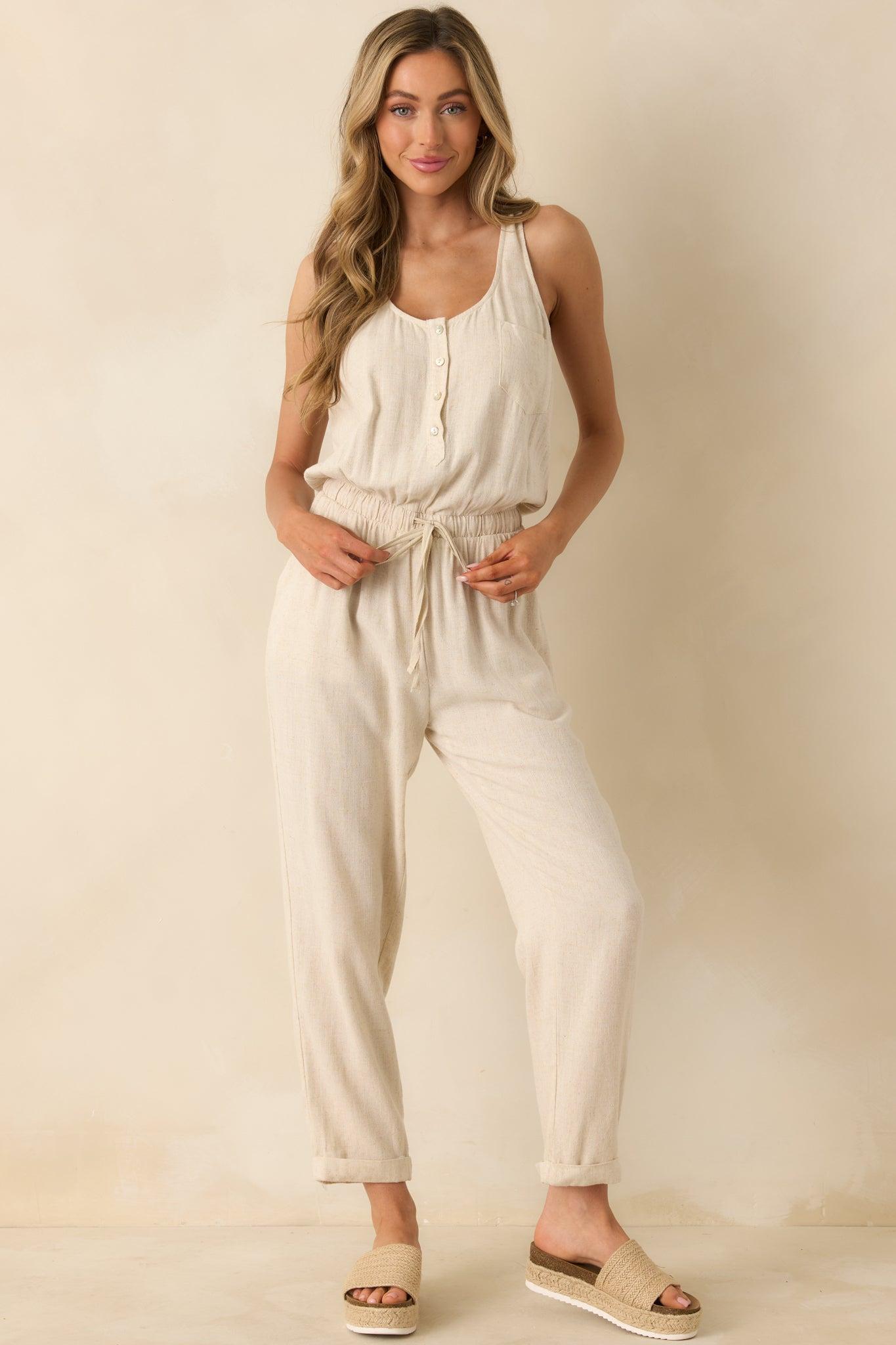 Anywhere And Everywhere Natural Linen Blend Sleeveless Jumpsuit Product Image