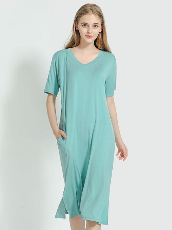 Simple Short Sleeves Loose Split-Side Solid Color V-Neck Pajamas Dress Product Image