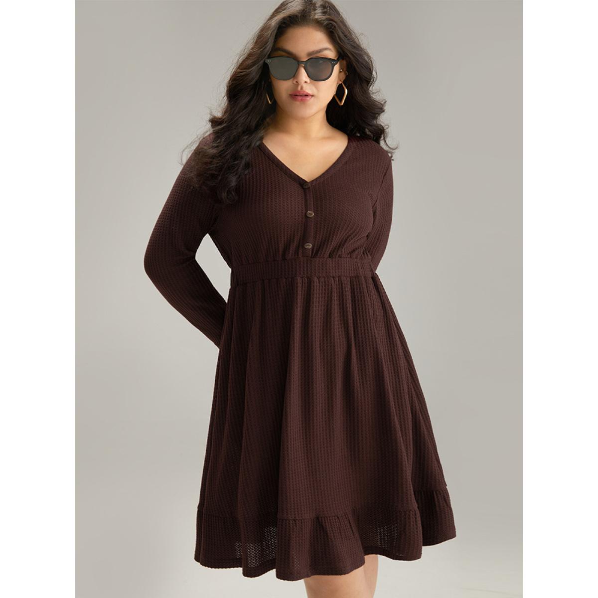 Plus Size Waffle Knit Button Up Elastic Waist Dress DarkBrown Women Casual Plain V-neck Long Sleeve Curvy Knee Dress BloomChic 22-24/3X Product Image