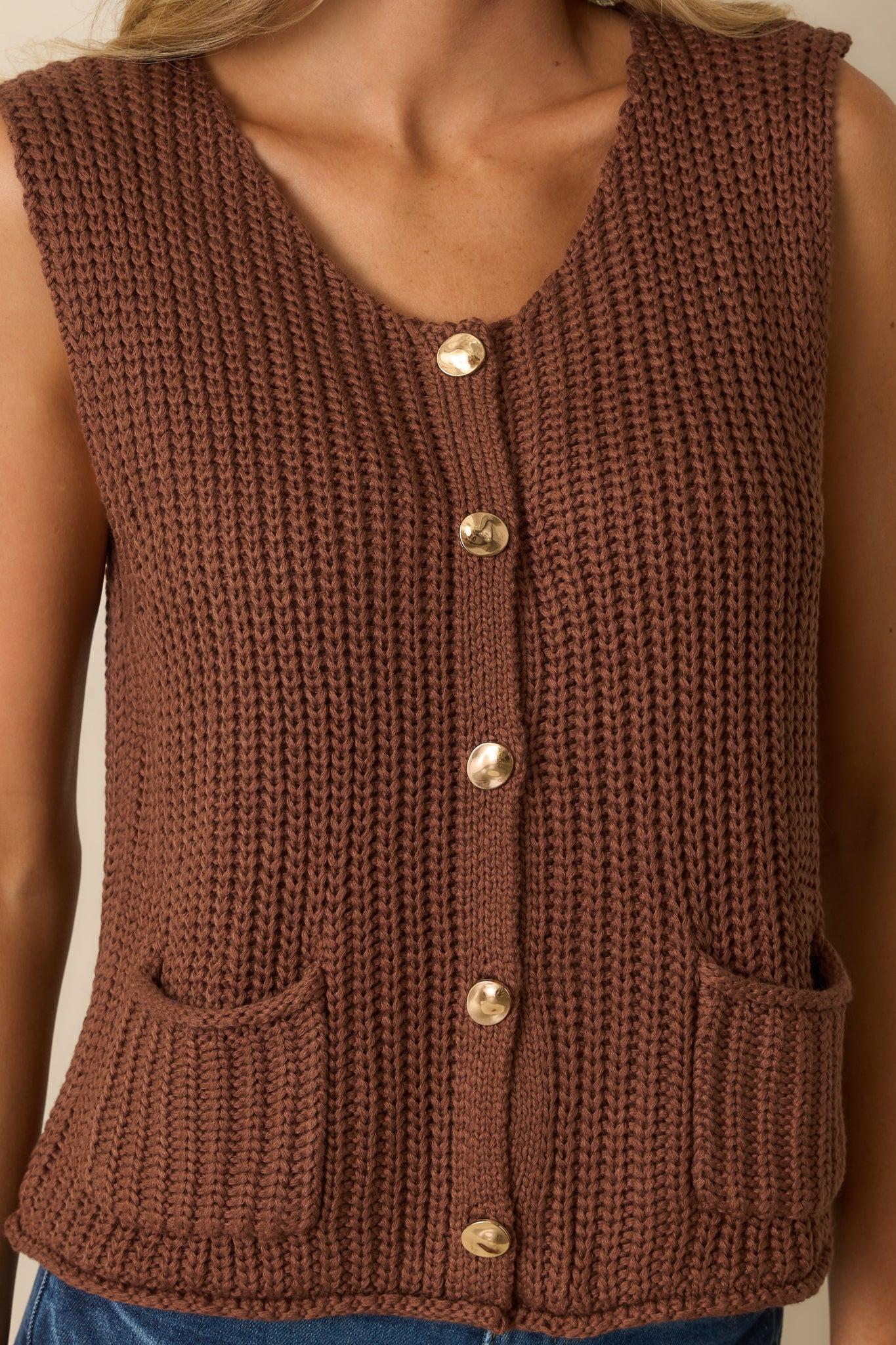 Without Hesitation Brown Knit Button Front Sweater Vest Product Image
