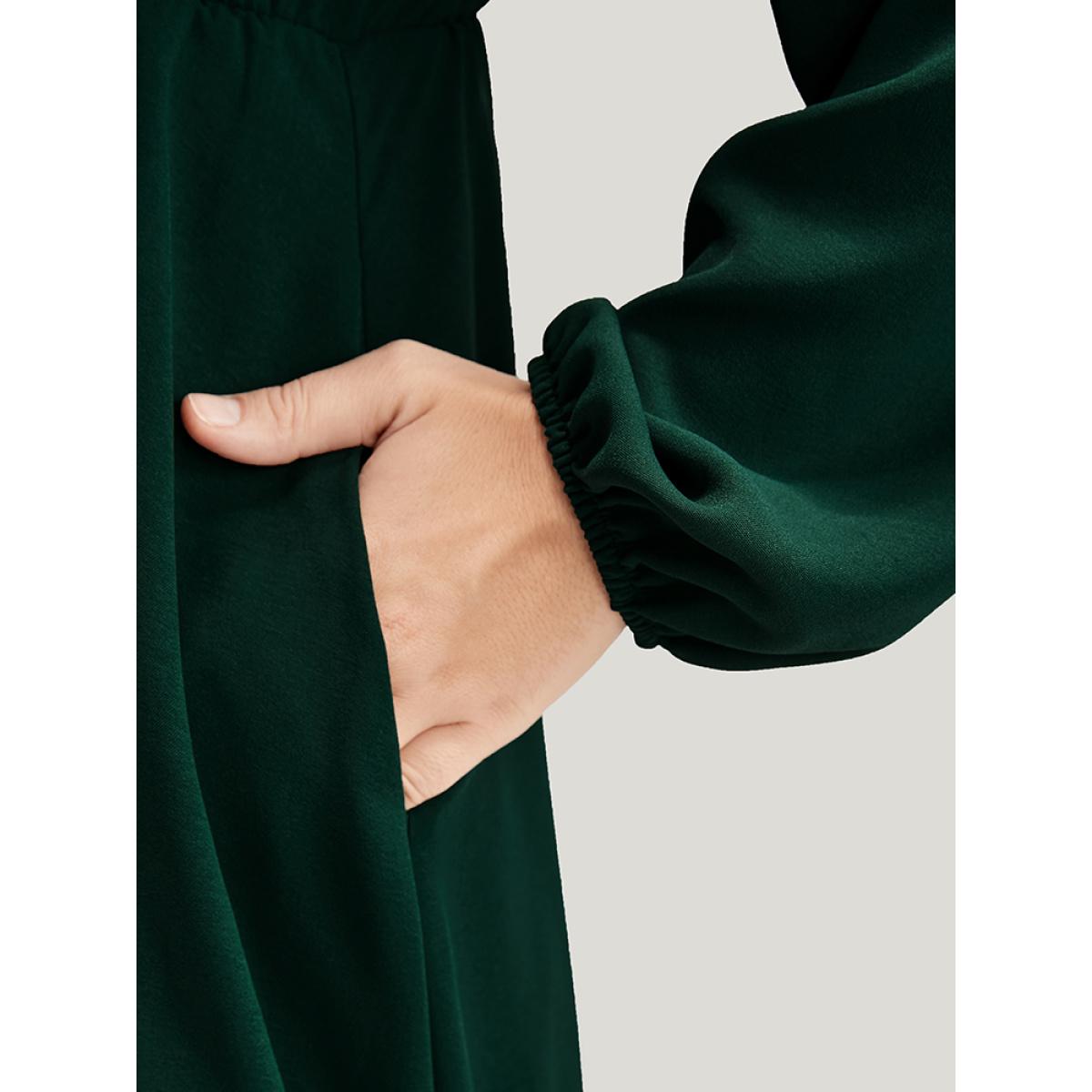 Plus Size Solid Lantern Sleeve Pocket Ruffle Trim Split Midi Dress DarkGreen Women Elegant Pocket V-neck Long Sleeve Curvy Midi Dress BloomChic 10/M Product Image