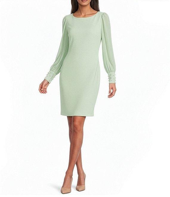 KARL LAGERFELD PARIS Scuba Crepe Crew Neck Chiffon Long Sleeve Pearl Cuff Sheath Mini Dress Product Image