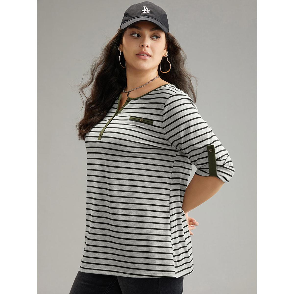 Plus Size Striped Contrast Button Up Tab Sleeve T-shirt Gray Women Casual Contrast Striped Open Front Everyday T-shirts BloomChic 14-16/1X Product Image