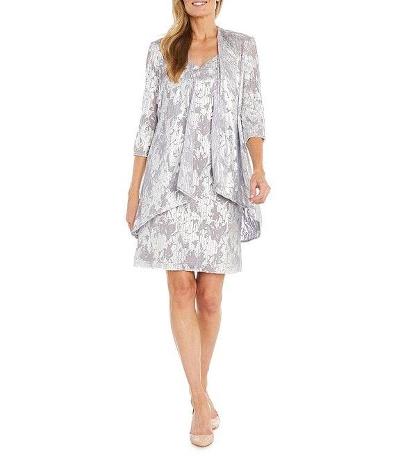 R & M Richards 3/4 Sleeve Round Neck Pleated Floral 2-Piece Jacket Dress Product Image